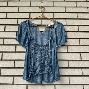 Abercrombie Blue Lace Flutter Sleeve Boho Top Viscose Peasant Blouse L